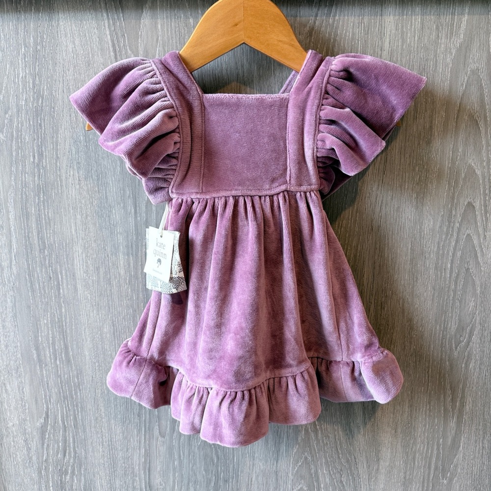 Kate Quinn Pinafore Dress Baby 3-6m Purple Velour Ruffle Flutter Sleeve NWT